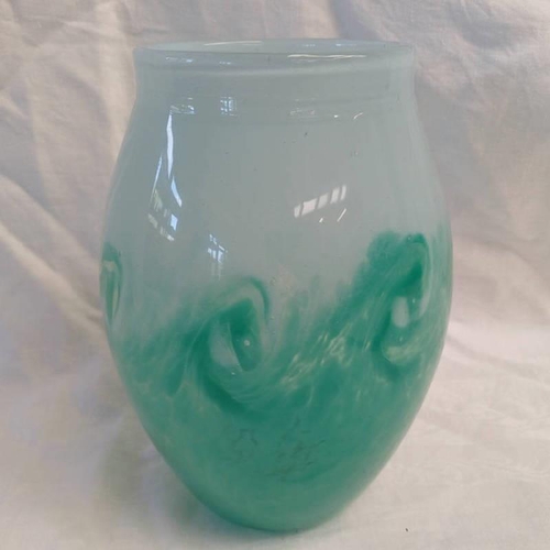 3179 - GREEN AND TEAL MONART GLASS VASE, 20.5 CM TALL