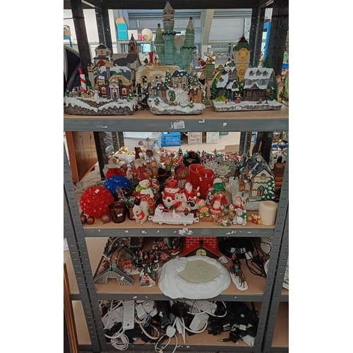 3222 - LARGE SELECTION OF CHRISTMAS ORNAMENTS INCLUDING HOUSES, SANTA CLAUS, ETC ON 3 SHELVES & LARGE SELEC... 