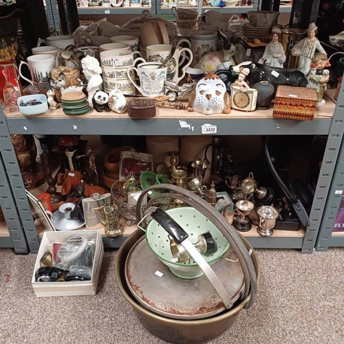 3232 - LARGE SELECTION OF PORCELAIN, VARIOUS SILVER PLATED WARE, 2 BRASS JELLY PANS, HIP FLASKS, MOTOR BIKE... 