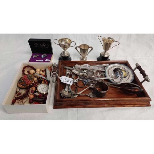 3270 - OAK TRAY WITH VARIOUS SILVER PLATED CUTLERY, AGATE BROOCH, VARIOUS NECKLACES, VARIOUS SILVER TROPHIE... 