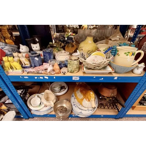 3291 - VARIOUS ART POTTERY CATS, BOWLS, LIDDED DUCK TUREEN, LARGE BLUE & WHITE ASHETS, ETC OVER 2 SHELVES