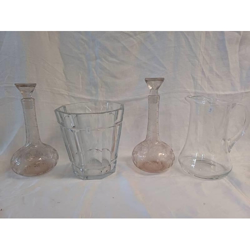 3307 - 2 ETCHED GLASS DECORATIVE CUT GLASS VASES  WITH ENGRAVED DECORATION, HEIGHT25CM, LARGE JUG WITH ENGR... 