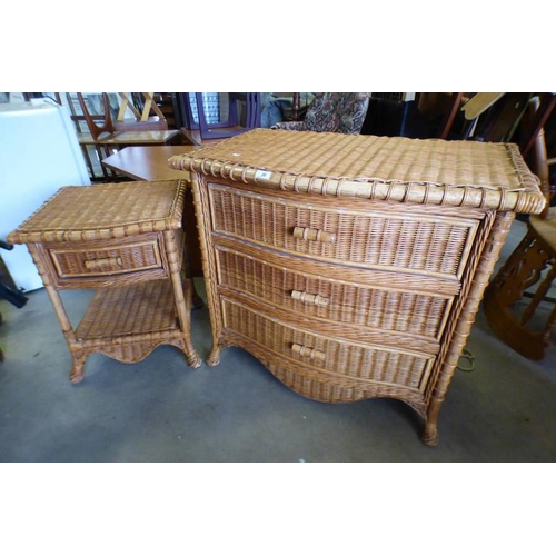 36 - WICKER WORK 3 DRAWER CHEST WITH SHAPED TOP & MATCHING SINGLE DRAWER BEDSIDE TABLE