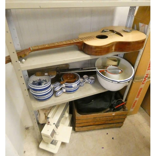 6106 - SELECTION OF BLUE & WHITE PORCELAIN, SINGER SEWING MACHINE, GUITAR, ETC OVER 3 SHELVES