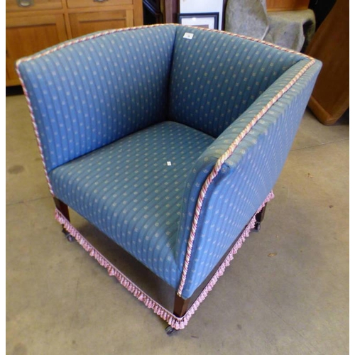 76 - 20TH CENTURY OVERSTUFFED ARMCHAIR WITH BLUE STRIPED PATTERN ON SQUARE TAPERED SUPPORTS