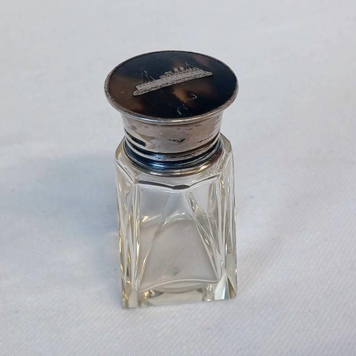 101 - SILVER & TORTOISESHELL MOUNTED SCENT BOTTLE WITH INSET TO LID DEPICTING S.S RAUCHI - 7CM TALL