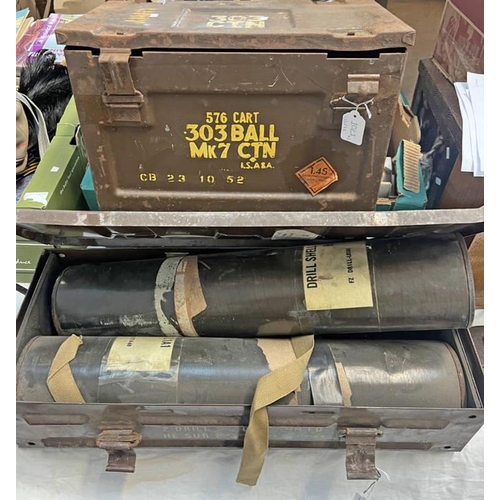 1021 - TWO CASED INERT  105MM DRILL ROUNDS IN TUBES IN A METAL CASE WITH ONE OTHER MILITARY TIN  -2-