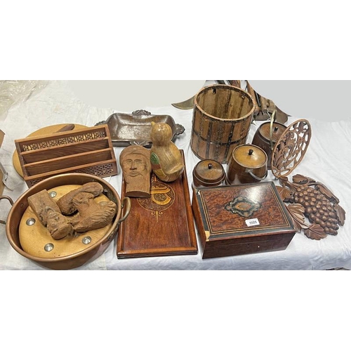 1025 - INLAID BOX,  METAL BOUND BASKET, CARVED WOODEN FIGURES, CARVED WOOD DISH, COPPER POT ETC.