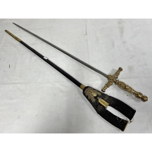 1035 - COURT SWORD WITH 68.5CM LONG PLAIN BLADE, CAST BRASS HILT WITH ITS BRASS AND LEATHER SCABBARD AND BU... 