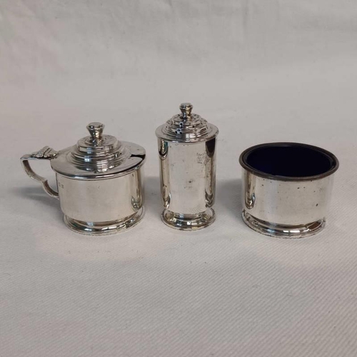 11 - 3 PIECE SILVER CRUET WITH BLUE GLASS LINERS RETAILED BY HARRODS, LONDON 1933