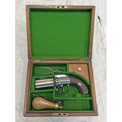 1300 - 19TH CENTURY PERCUSSION 6 SHOT PEPPERBOX REVOLVER WITH 7CM LONG CYLINDER WITH BIRMINGHAM PROOF MARKS... 