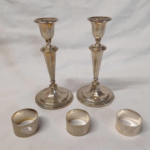 25 - PAIR SILVER CANDLESTICKS & 3 SILVER NAPKIN RINGS