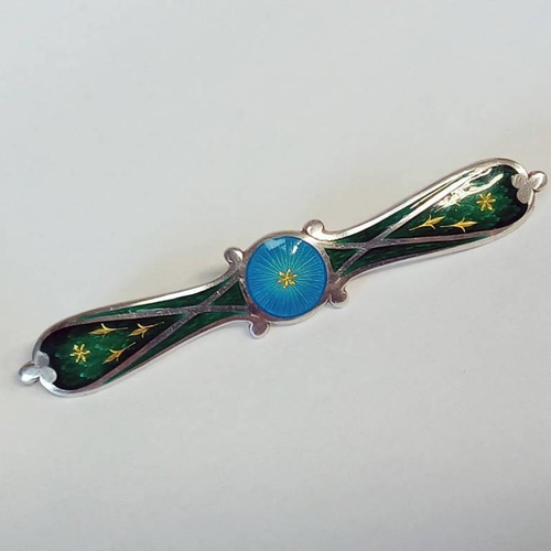 3 - SILVER & ENAMEL BLUE & GREEN BROOCH, BIRMINGHAM 1911 - 7CM LONG