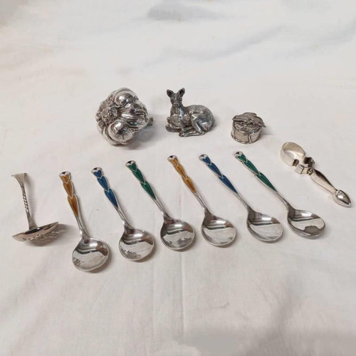 46 - SET 6 ENAMEL DECORATED TEASPOONS, BUTTERFLY LIDDED TRINKET BOX, SILVER PLATED GARLIC BULB ETC