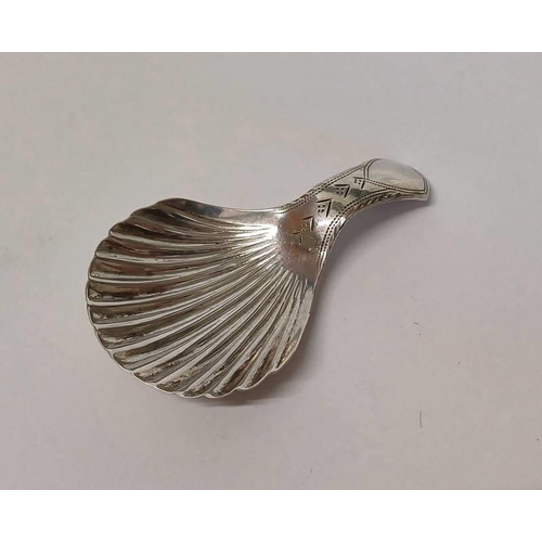 50 - GEORGE III SILVER CADDY SPOON WITH SHELL BOWL BY JOHN THORNTON, BIRMINGHAM 1795