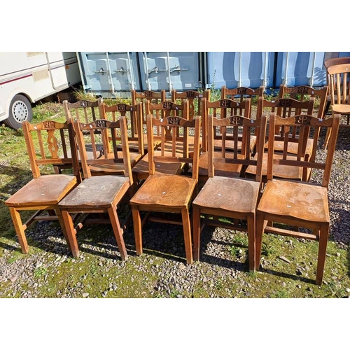 5016 - SET OF 14 ELM CHAIRS WITH CARVED MARK TO BACK ON SQUARE SUPPORTS AND VAT ON THE HAMMER