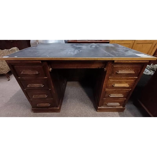 5033 - OAK DESK WITH ALTER INSET TOP & 9 DRAWERS.  125 CM WIDE X 75 CM DEEP