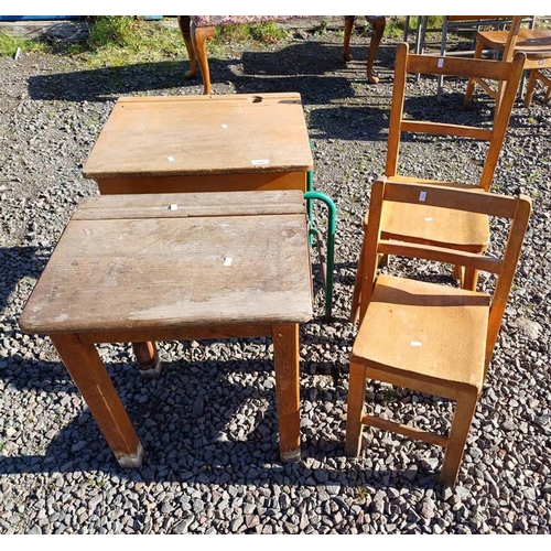 5040 - 20TH CENTURY OAK & METAL CHILD'S DESK AND ONE OTHER SIMILAR & 2 CHILD'S LADDER BACK CHAIRS AND VAT O... 