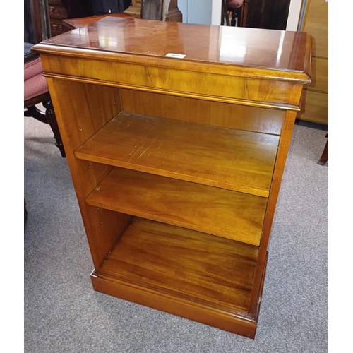 5051 - LATE 20TH CENTURY YEW WOOD OPEN BOOKCASE WITH ADJUSTABLE SHELVES ON PLINTH BASE.  91CM TALL X 60 CM ... 