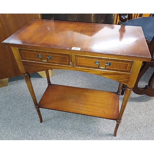 5055 - INLAID MAHOGANY SIDE TABLE WITH 2 DRAWERS & UNDERSHELF ON SPLAYED SUPPORTS 76 CM TALL X 67.5 CM WIDE