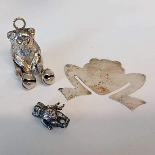 52 - SILVER TEDDY BEAR CHILD'S RATTLE BY WILLIAM VALE & SONS, BIRMINGHAM 1917 & STERLING SILVER FROG BOOK... 