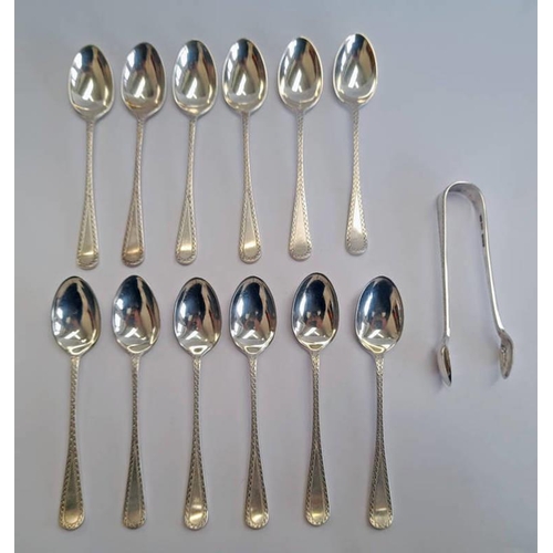 66 - SET OF 12 SILVER TEASPOONS & MATCHING SUGAR TONGS BY JOSEPH ROGERS, SHEFFIELD 1904 - 180 G