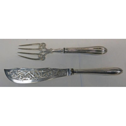 72 - PAIR OF VICTORIAN SILVER FISH SERVERS WITH PIERCED & ENGRAVED DECORATION, SHEFFIELD 1852