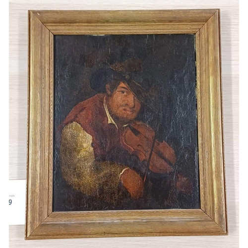 1059 - IN THE STYLE OF ADRIAEN VAN OSTADE THE ITINERANT MUSICIAN LABEL TO REVERSE GILT FRAMED OIL ON BOARD ... 