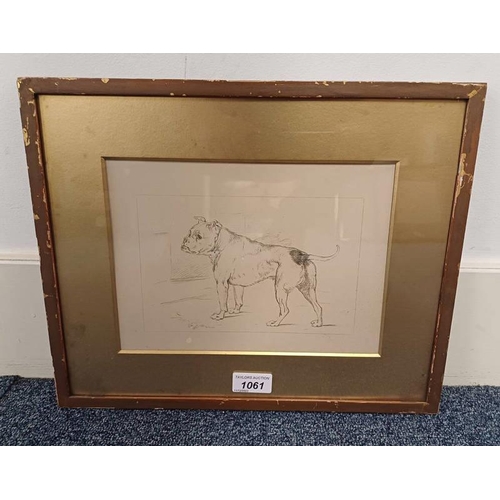 1061 - STAFFORDSHIRE BULL TERRIER MARKED EC 1820 FRAMED PICTURE 13 X 19 CM