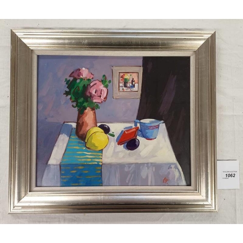 1062 - JAMES ORR - (ARR)  FRUIT & FLOWERS SIGNED, LABEL TO REVERSE FRAMED OIL ON BOARD 28 X 33 CM