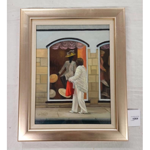 1064 - DAVID H LESLIE - (ARR)  WINDSOR SHOPPING SIGNED, LABEL TO REVERSE FRAMED OIL PAINTING 39 X 29 CM