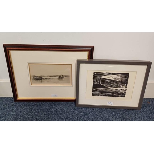 1067 - CHARLES GUSTAV PHILLIPS, FISHING BOATS POSSIBLY ON THE TAY, SIGNED, FRAMED ETCHING, 14 X 25 CM, & FR... 