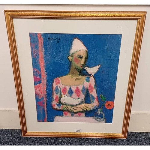 1073 - GILT FRAMED PRINT AFTER MORROCCO, HARLEQUIN, 49 X 41 CM