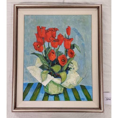 1074 - ISABELLE VAN ZANT - (ARR)  RED TULIPS ON BLUE SIGNED, LABEL TO REVERSE FRAMED OIL ON BOARD 49 X 39 C... 