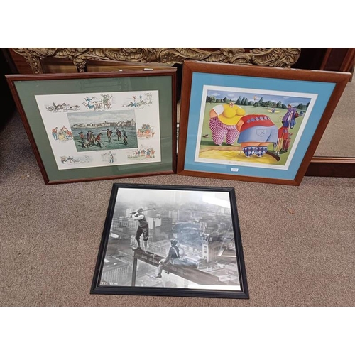 1075E - SARAH JANE SZIKORA, BUNKER CHUNKER, SIGNED, FRAMED PRINT, & 2 OTHER GOLF RELATED PRINTS. LARGEST 42 ... 