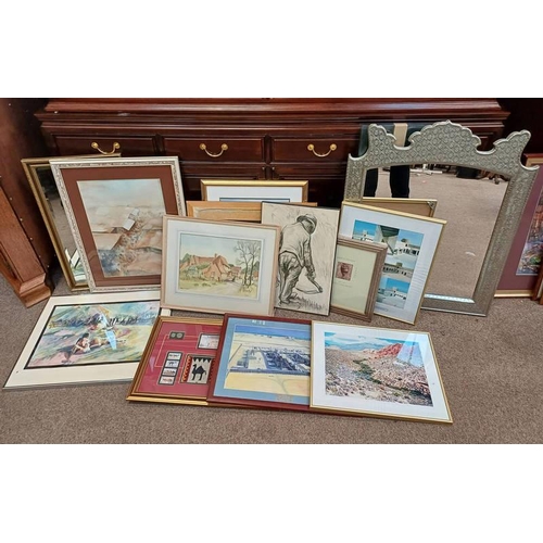 1075G - GOOD SELECTION OF WATERCOLOURS, MIRRORS, ETC TO INCLUDE; ZINNO ARARA, THE STALLS, THE PEOPLE, SIGNED... 