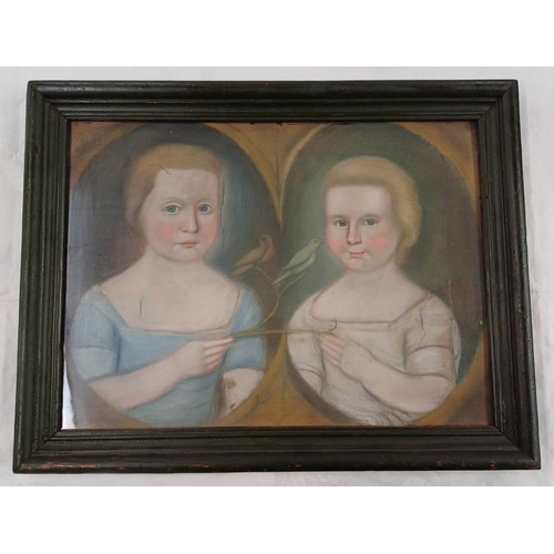 1075H - FRAMED PASTEL ON CANVAS DEPICTING 2 CHILDREN HOLDING A BRANCH WITH BIRDS, UNSIGNED. 40CM X 54CM