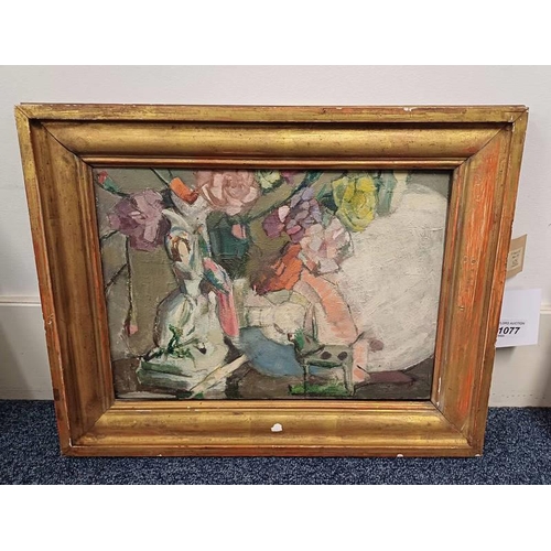 1077 - SCOTTISH SCHOOL,  BALLERINA,  UNSIGNED GILT FRAMED OIL PAINTING   24 X 34 CM