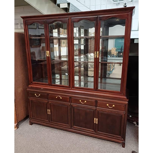 109 - ORIENTAL HARDWOOD DISPLAY CASE WITH 4 GLAZED PANEL DOORS OVER 4 DRAWERS OVER 4 PANEL DOORS, 205CM TA... 