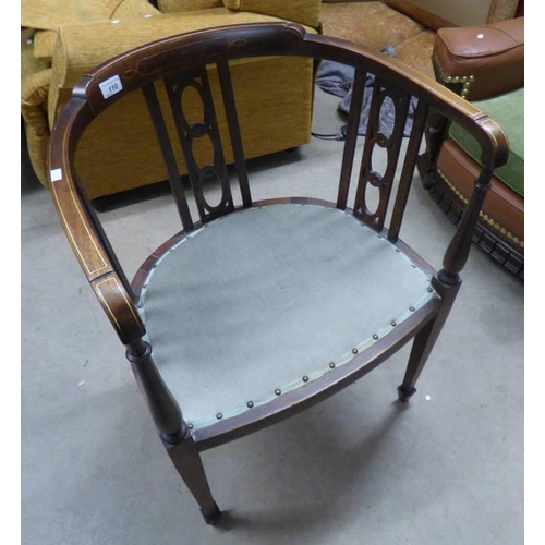 110 - LATE 19TH CENTURY INLAID MAHOGANY TUB CHAIR ON SQUARE TAPERED SUPPORTS.