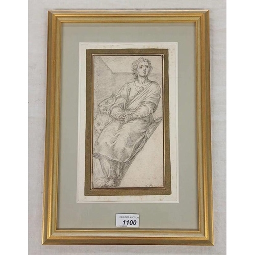 1100 - L FUNICELL SEATED FIGURE INDISTINCTLY SIGNED PENCIL DRAWING 23 X 12 CM