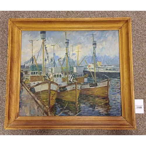 1109 - IAN MACINNES WHALING BOATS AT STROMNESS HARBOUR SIGNED FRAMED OIL ON BOARD 40 X 46 CM