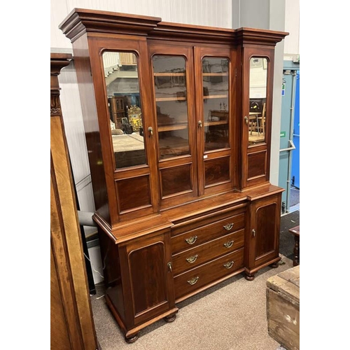 111 - 19TH CENTURY MAHOGANY BREAKFRONT BOOKCASE WITH 4 GLAZED PANEL DOORS OVER 4 DRAWERS & 2 PANEL DOORS O... 