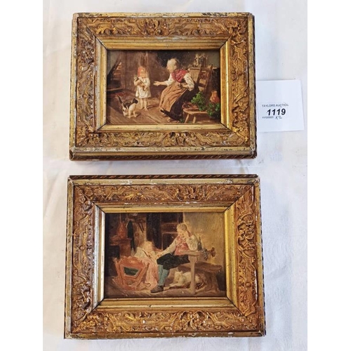 1119 - 19TH CENTURY SCHOOL,  INTERIOR SCENES,  UNSIGNED,  GILT FRAMED OIL ON PANELS,   9 X 13.5 CM