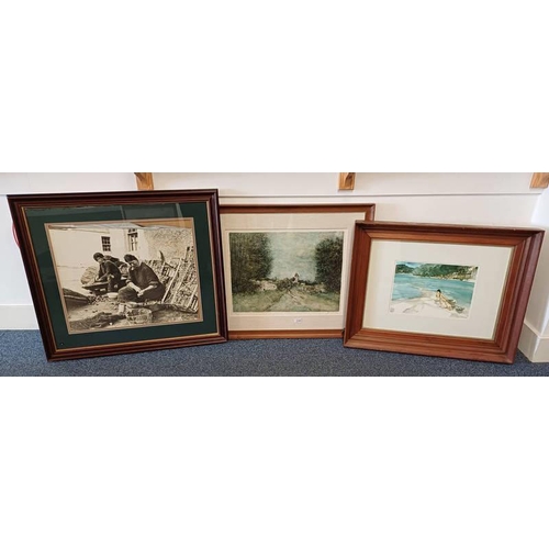 1120 - W RUSSELL FLINT, ADRIANNE AQUISTE, FRAMED PRINT, TOGETHER WITH FRAMED PICTURE OF A VILLAGE SCENE, IN... 