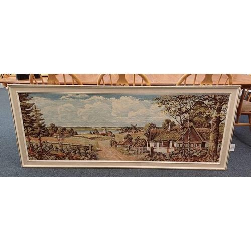 1122 - LARGE FRAMED DECORATIVE CARPET SECTION OF A FARMYARD SCENE, 59 X 168 CM