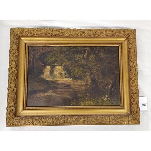 1124 - SCOTTISH SCHOOL,  WOODLAND WATERFALL UNSIGNED GILT FRAMED OIL PAINTING 29 X 45 CM .