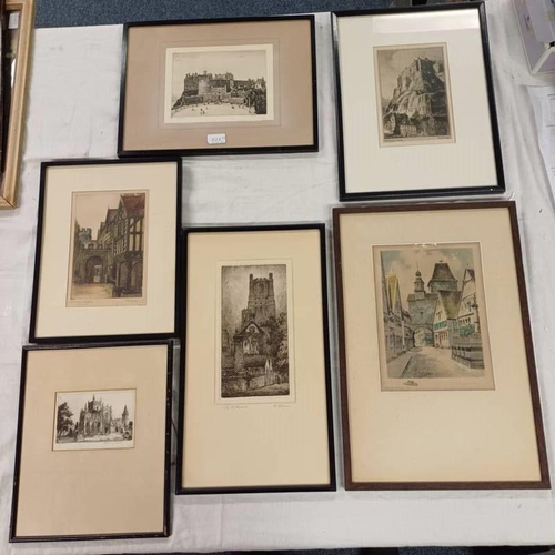 1129 - 2 FRAMED ETCHINGS, EDINBURGH CASTLE, SIGNED A SIMES, ONE OTHER SIGNED MARY MACKAY, COLOURED ETCHING ... 