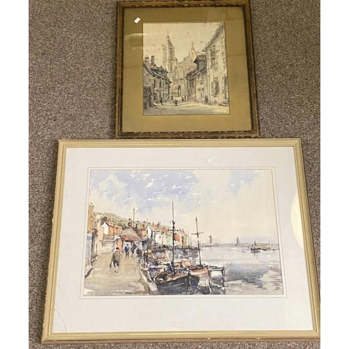 1130 - NORMAN PINKLEY, HARBOUR SCENE, SIGNED TO REVERSE, FRAMED WC, 37CM X 54CM TOGETHER WITH ONE OTHER UNS... 