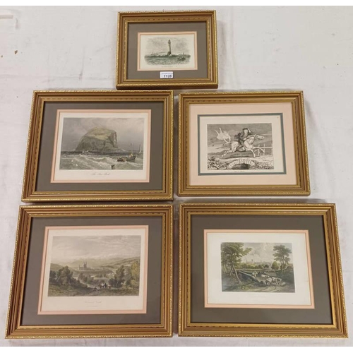 1135 - 5 GILT FRAMED ENGRAVINGS INCLUDING BELL ROCK, TAM O'SHANTER THE BASS ROCK, ETC